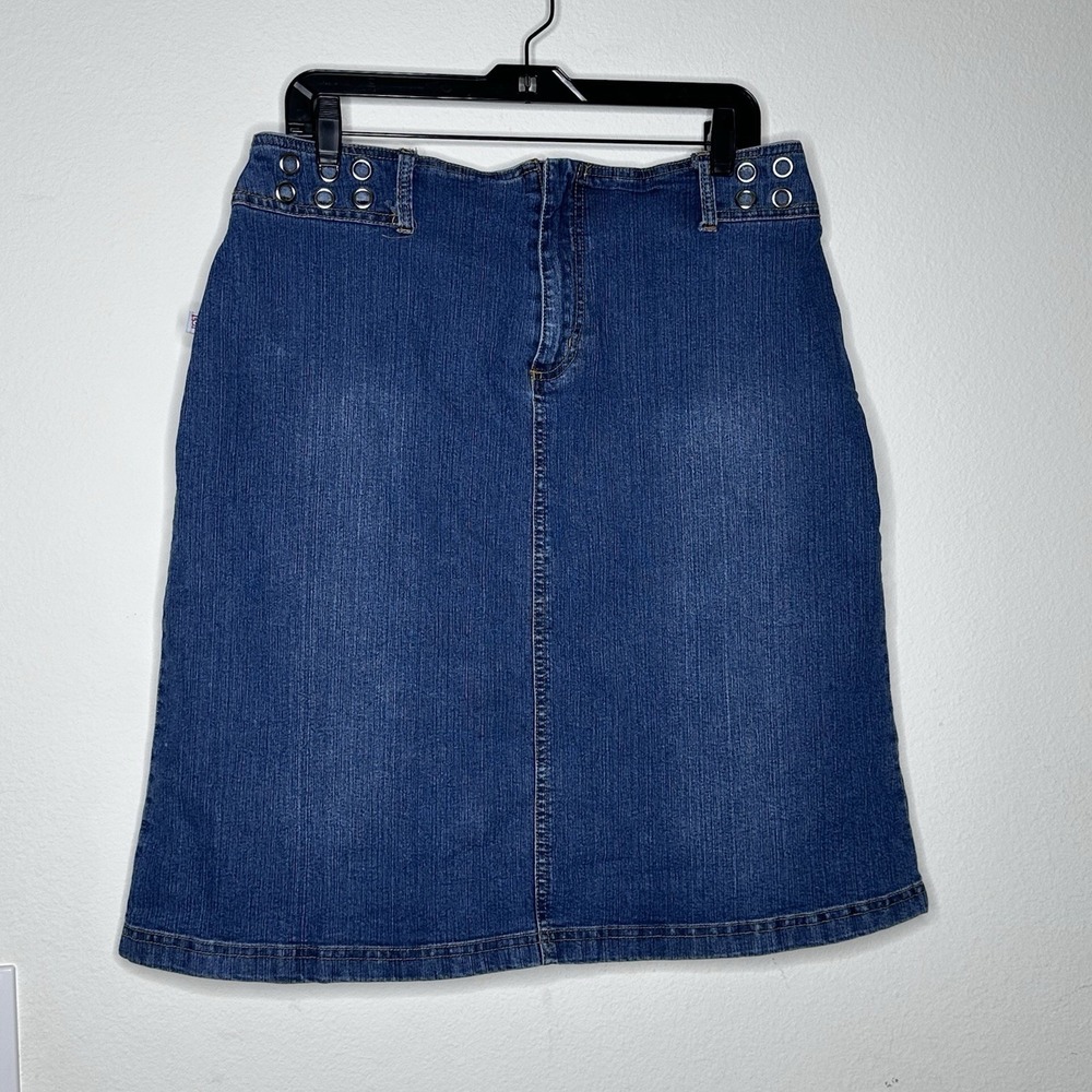 Vtg 90s Denim Midi Skirt Grommet Detail Grunge Flat Zipper Sz L ? READ